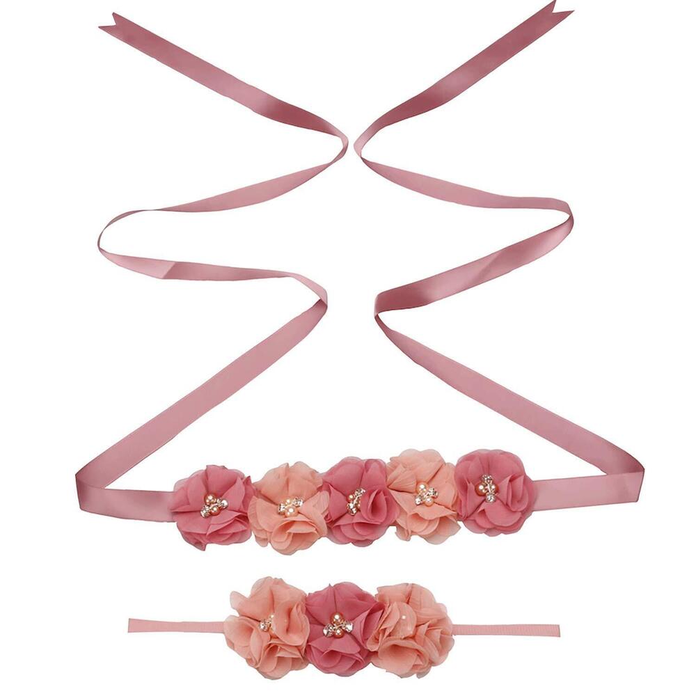 2871 Maternity Flower Sash Headband Set Women Girls Wedding Baby Shower Sash